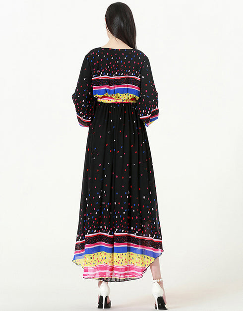 V-Neck Chiffon Muslim Dress with Colorful Polka Dots and Lantern Sleeves